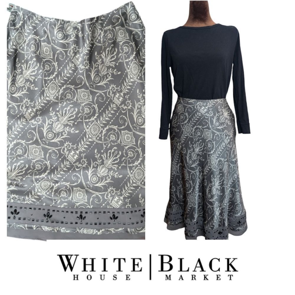 WHbm grey pure silk midi slip skirt a-line size 8 floral parsley
